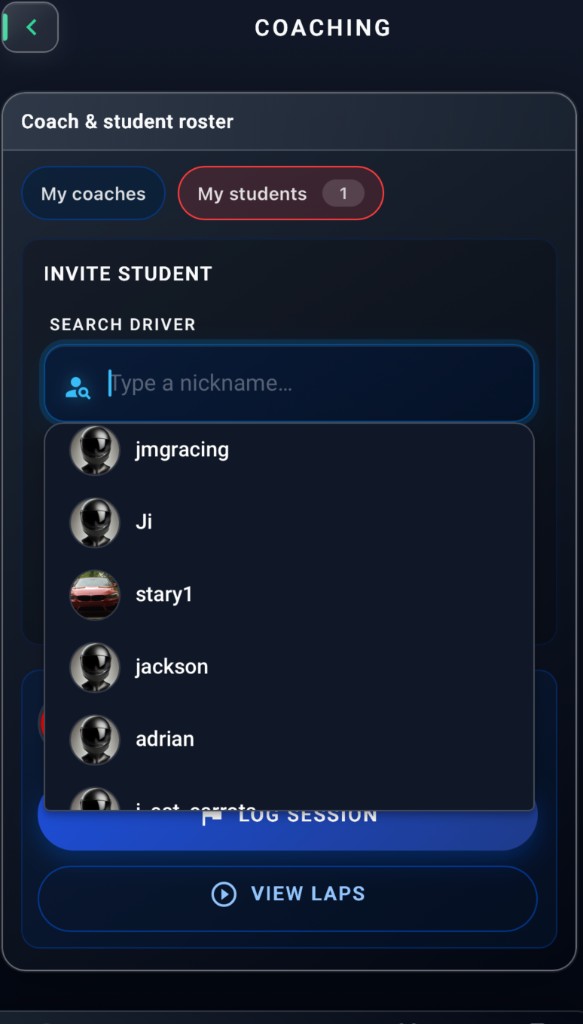 LapsHub coaching invite student search by nickname