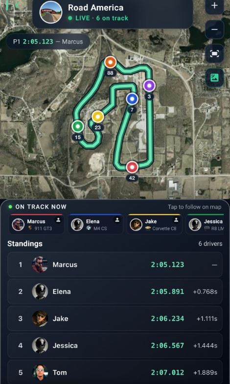 LapsHub live timing map with drivers on track at Road America