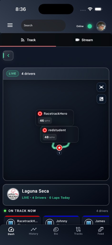 LapsHub live timing map with drivers on track at Laguna Seca