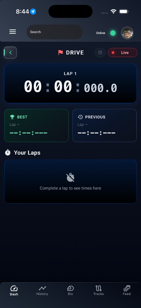 LapsHub Drive screen with live lap timer, best lap, and session stats