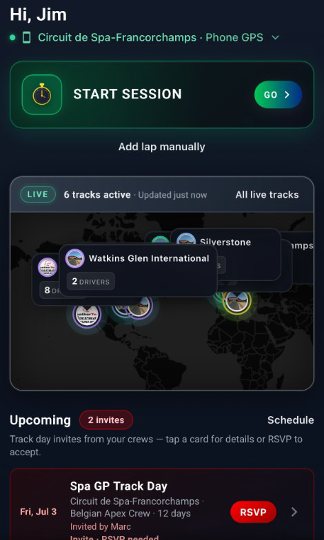 LapsHub Dash screen with Start Session, Phone GPS lap timing, live tracks map, and track day invites
