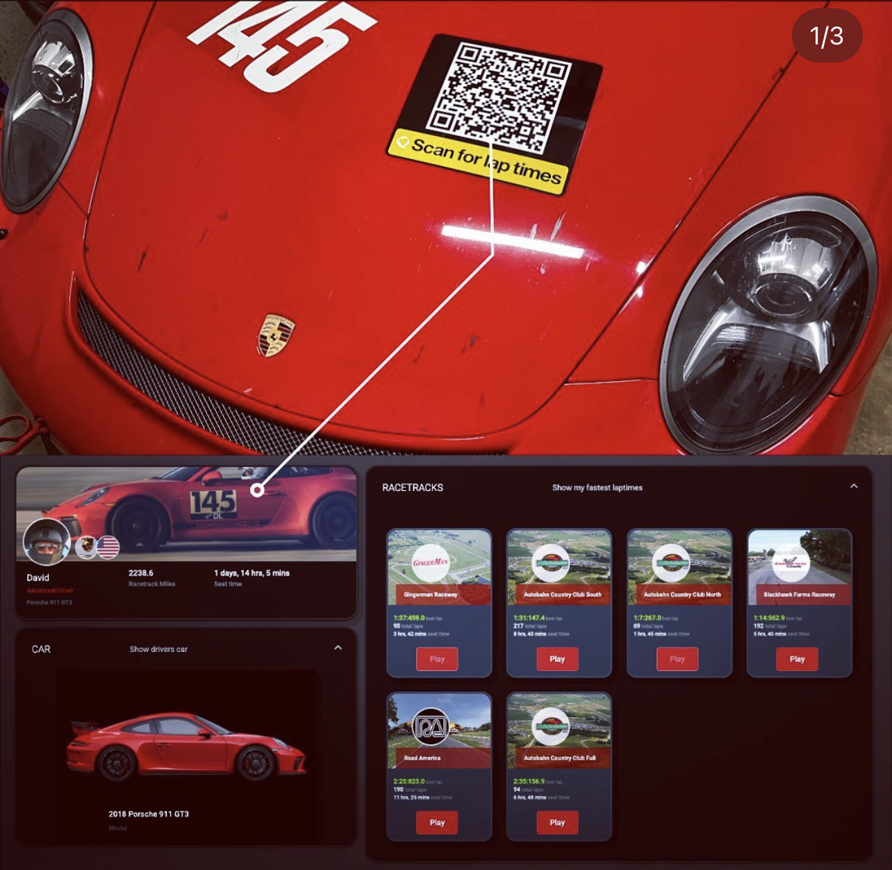 QR code on a race car linking to LapsHub Driver Bio dashboard